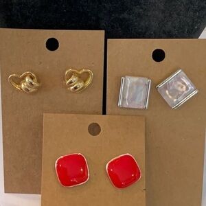 💐5/25 3 pair lot bundle red square enamel gold heart square silver tone stud